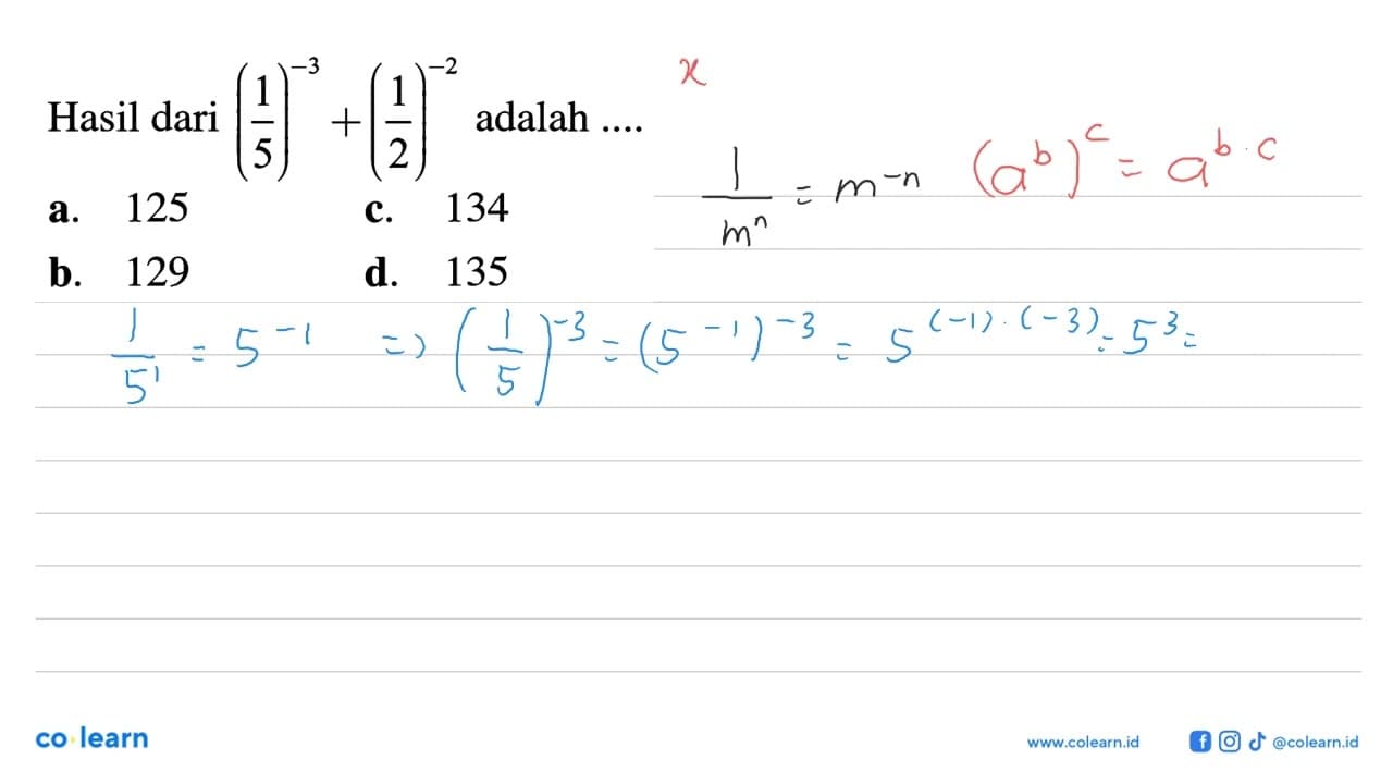 Hasil dari (1/5)^-3 + (1/2)^-2 adalah ...