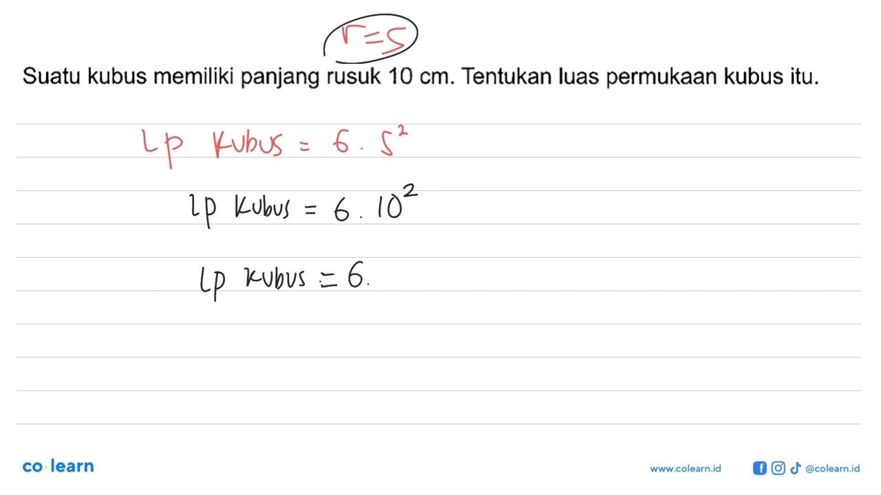 Suatu kubus memiliki panjang rusuk 10 cm. Tentukan luas