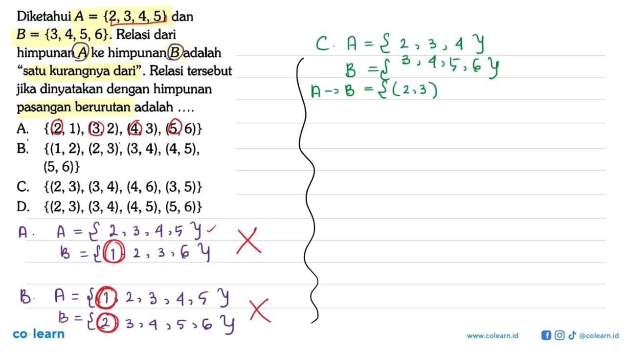 Diketahui A = {2, 3, 4, 5} dan B = {3, 4, 5, 6}. Relasi