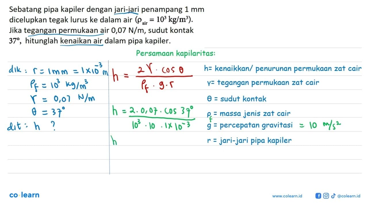 Sebatang pipa kapiler dengan jari-jari penampang 1 mm