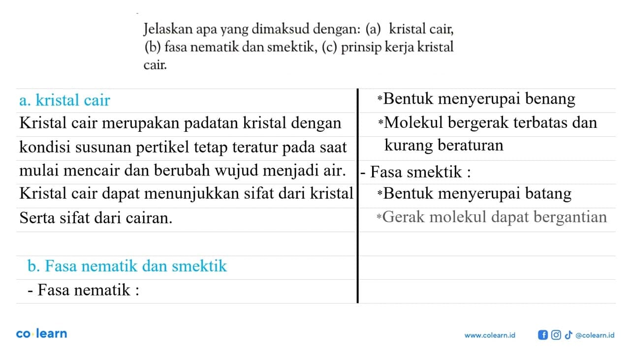 Jelaskan apa yang dimaksud dengan: (a) kristal cair, (b)