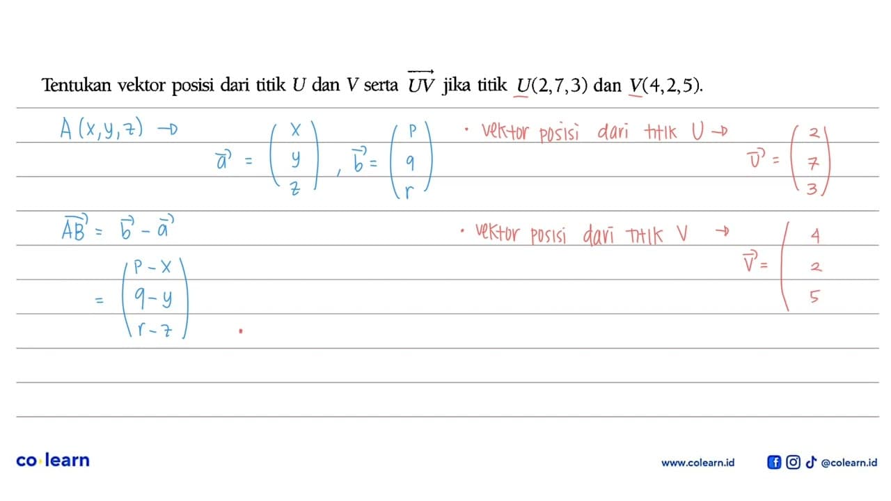 Tentukan vektor posisi dari titik U dan V serta vektor UV