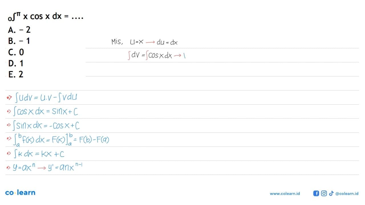 integral 0 pi x cos x dx=...