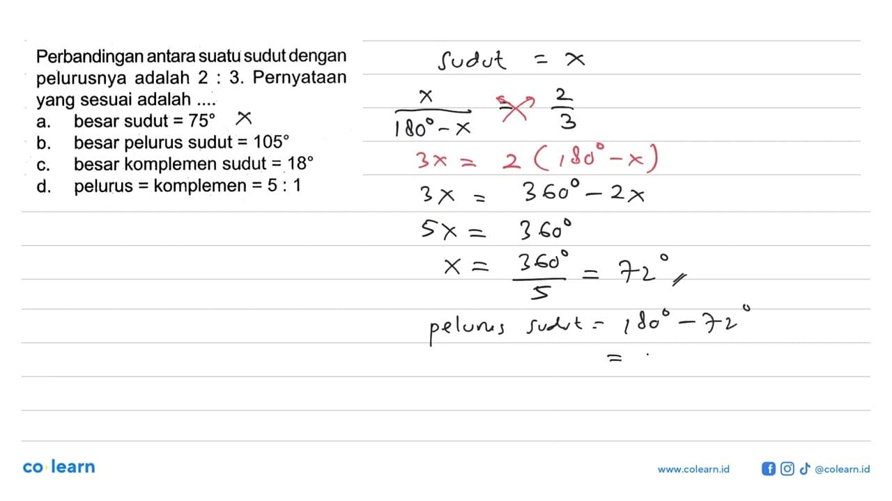 Perbandingan antara suatu sudut dengan pelurusnya adalah 2: