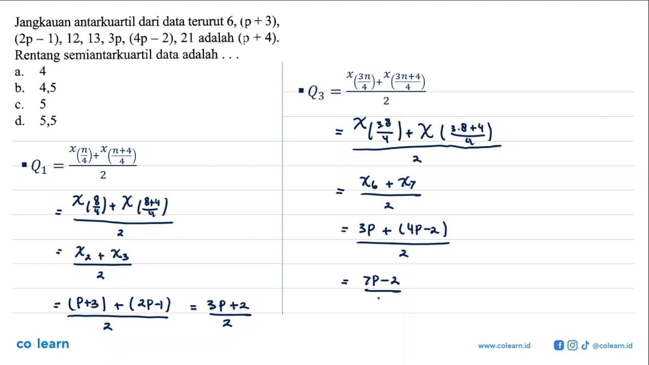 Jangkauan antarkuartil dari data terurut 6,(p+3), (2 p-1),