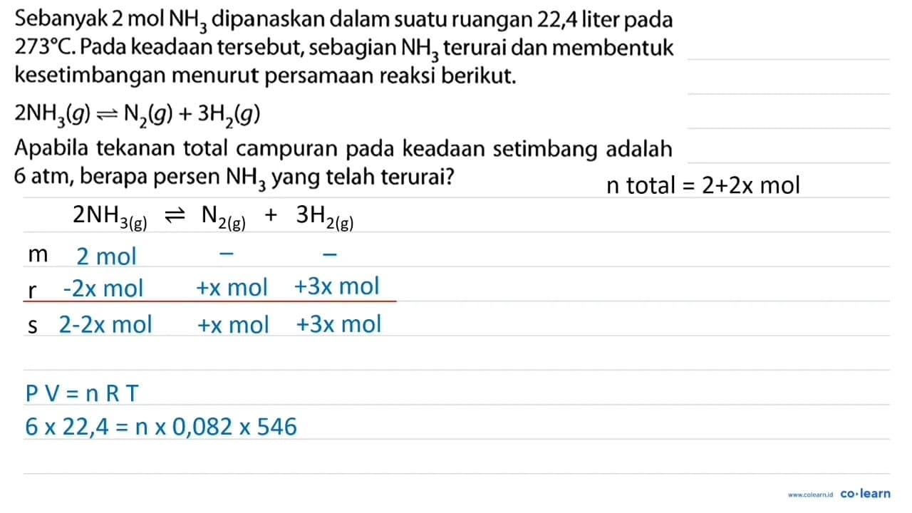 Sebanyak 2 mol NH3 dipanaskan dalam suatu ruangan 22,4