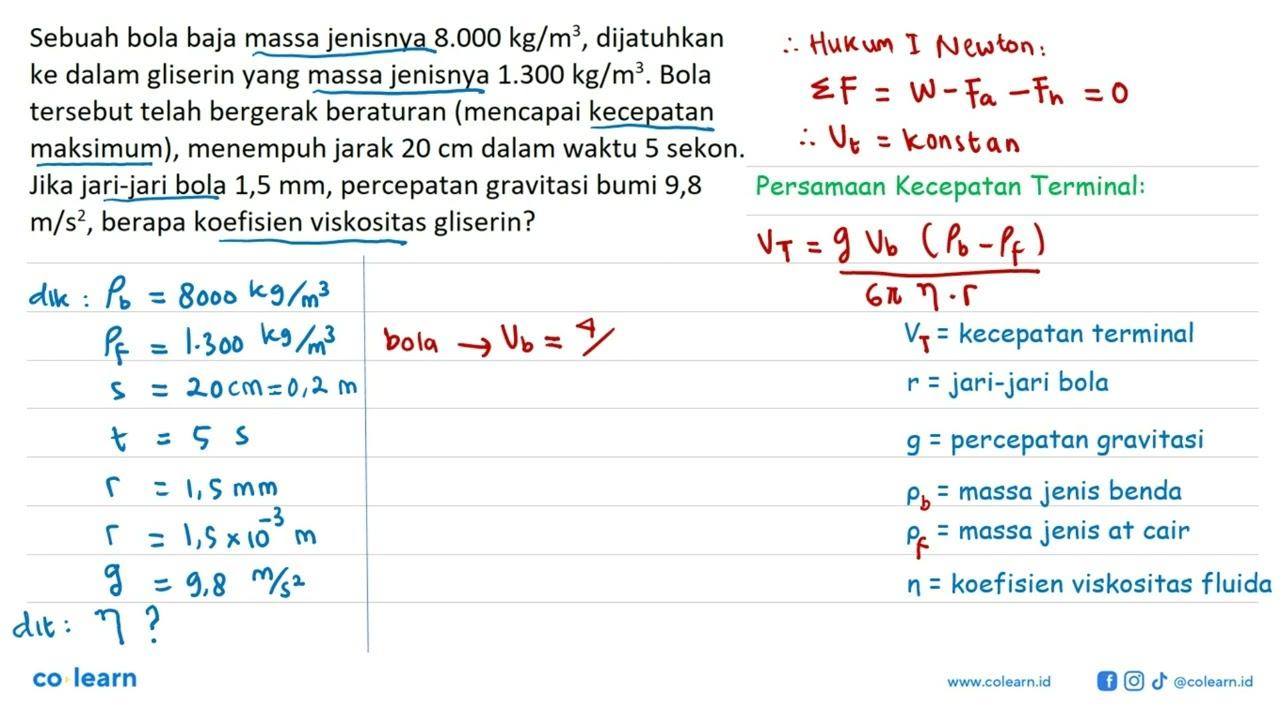 Sebuah bola baja massa jenisnya 8.000 kg/m^3, dijatuhkan ke