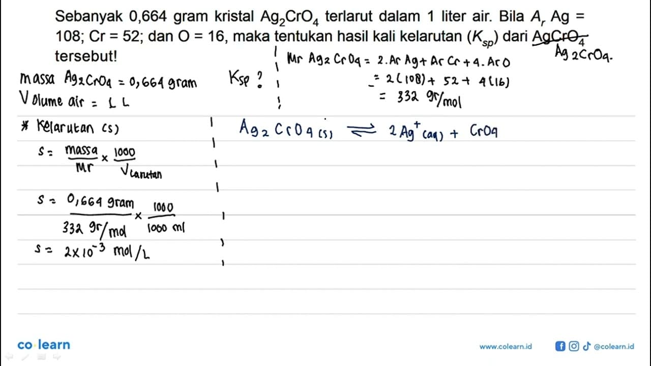 Sebanyak 0,664 gram kristal Ag2CrO4 terlarut dalam 1 liter