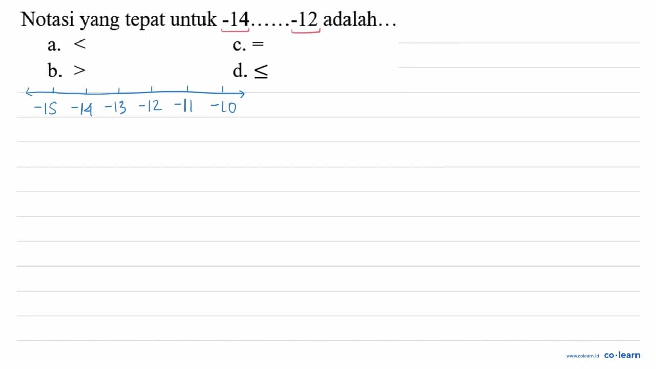 Notasi yang tepat untuk -14 ... ...-12 adalah...