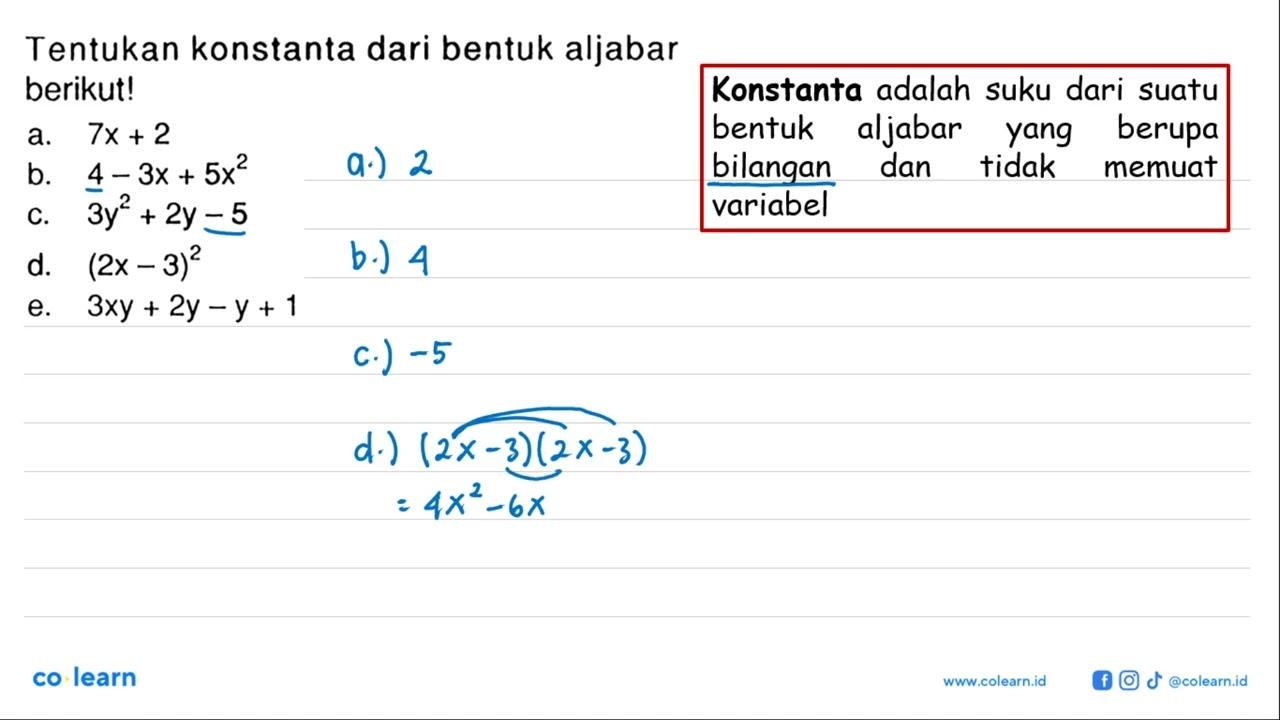 Tentukan konstanta dari bentuk aljabar berikut! a. 7x + 2