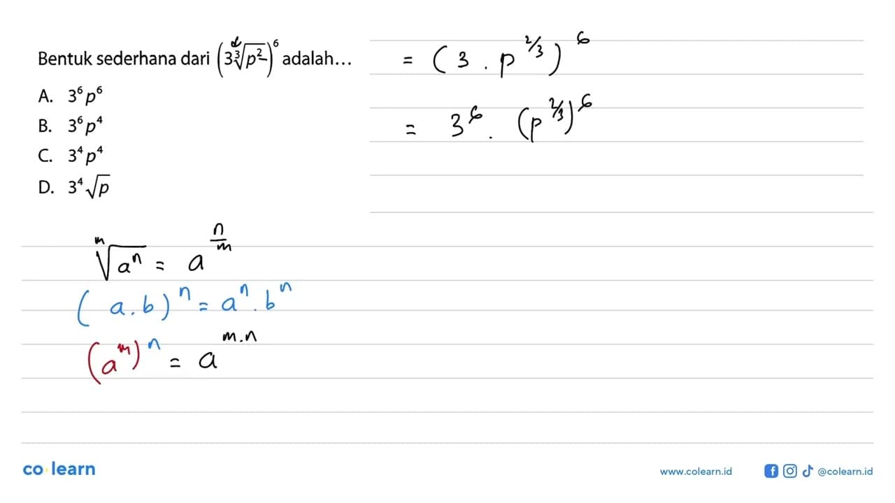 Bentuk sederhana dari ( 3 (p^2/3) )^6 adalah ...