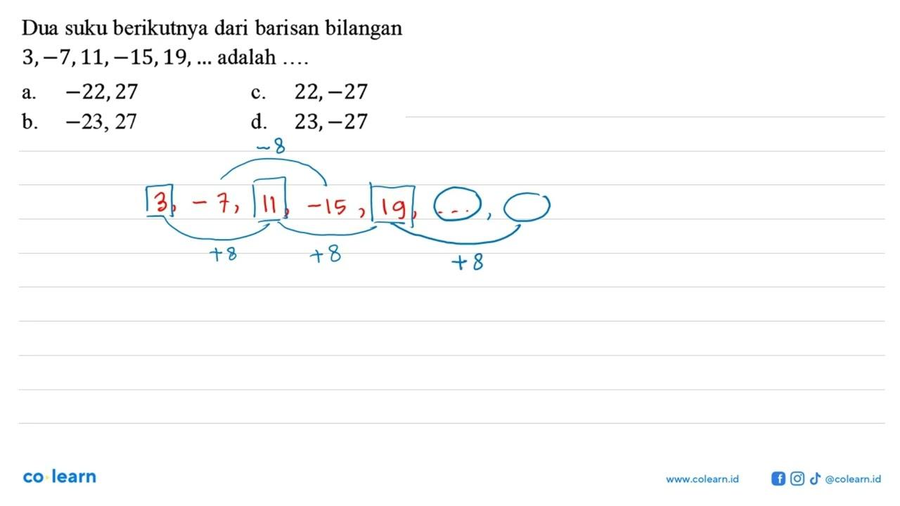 Dua suku berikutnya dari barisan bilangan 3, -7, 11, -15,