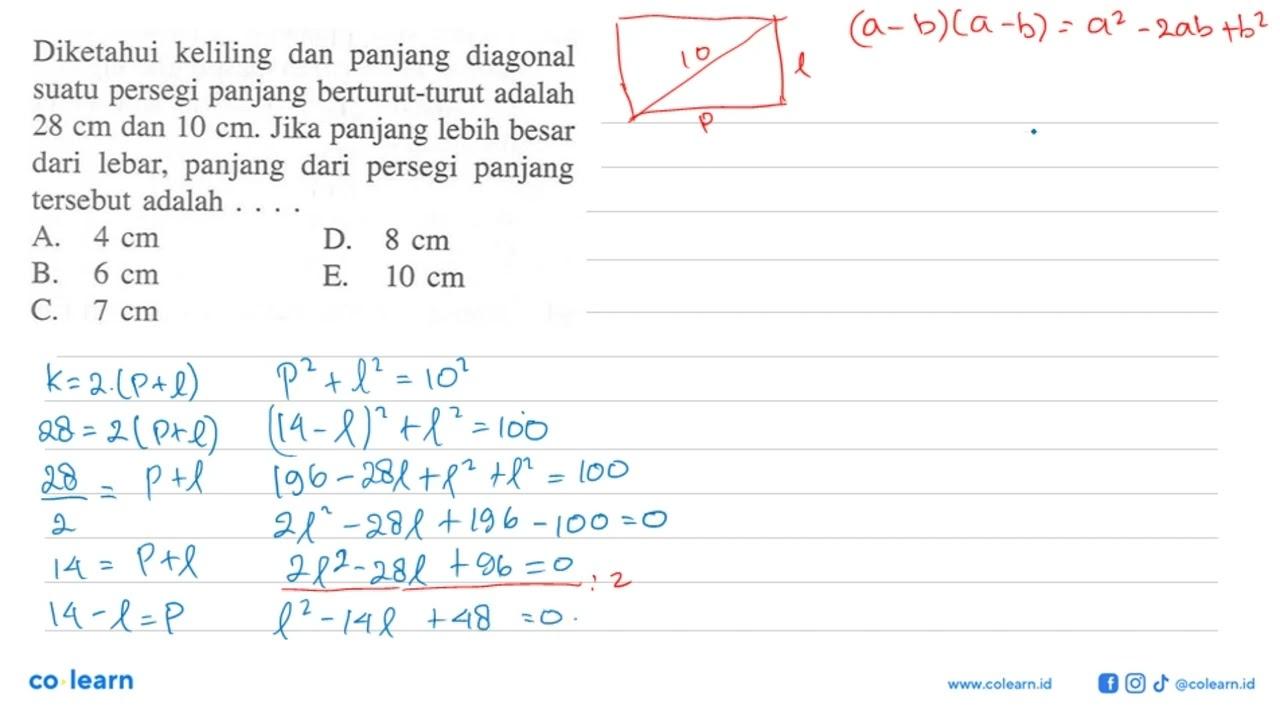 Diketahui keliling dan panjang diagonal suatu persegi