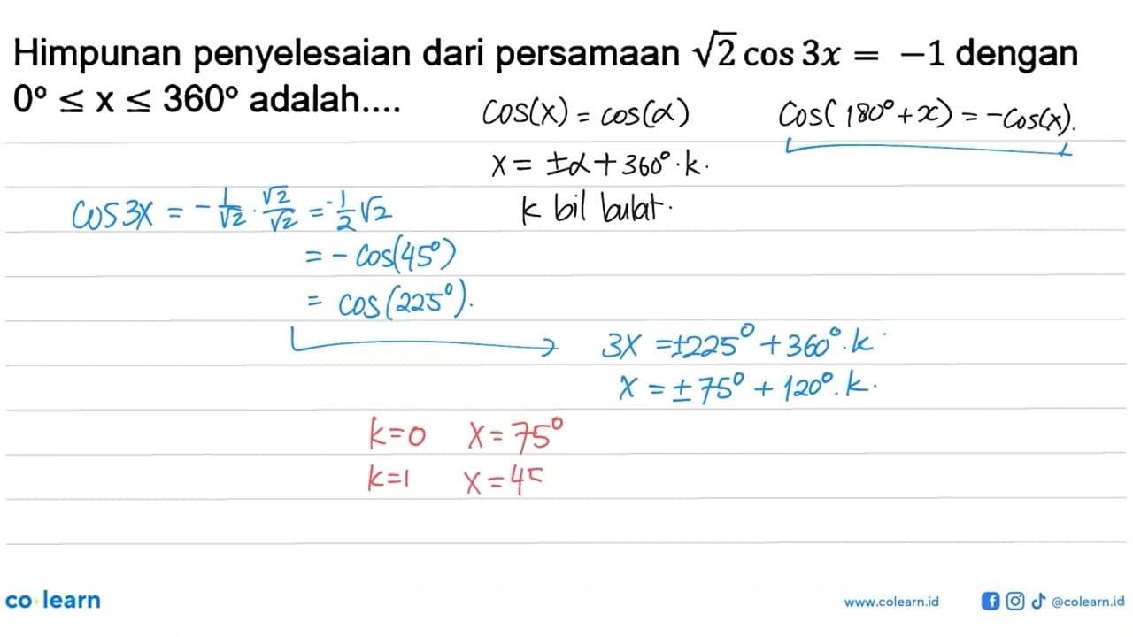 Himpunan penyelesaian dari persamaan akar(2) cos 3x=-1