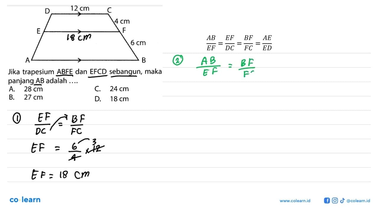 D C E F A B 12 cm 4 cm 6 cmJika trapesium ABFE dan EFCD