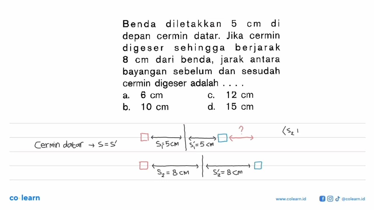 Benda diletakkan 5 cm di depan cermin datar. Jika cermin