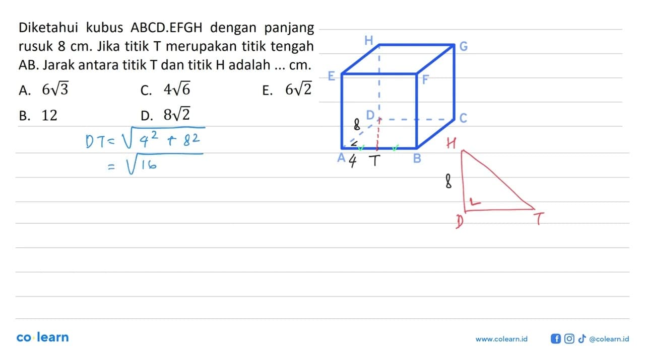 Diketahui kubus ABCD.EFGH dengan panjang rusuk 8 cm . Jika