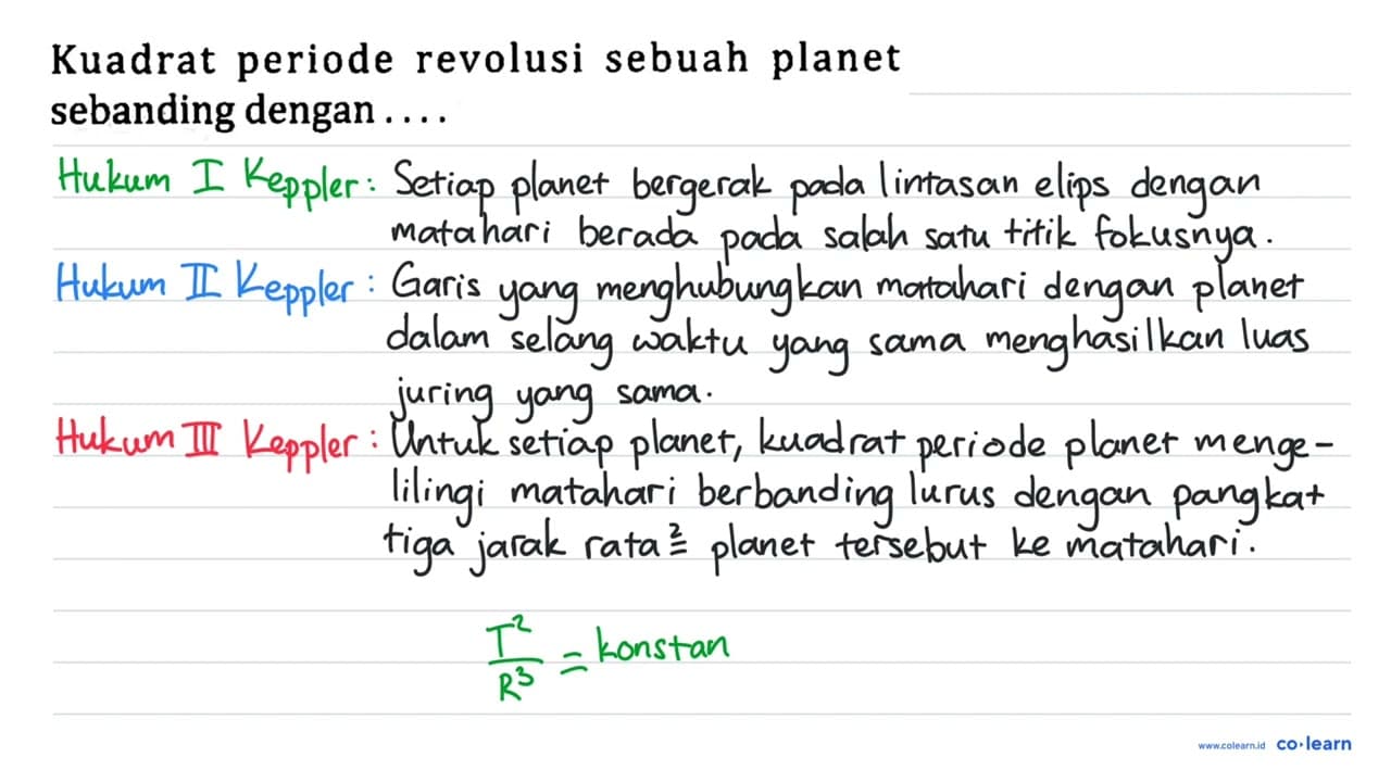 Kuadrat periode revolusi sebuah planet sebanding dengan....