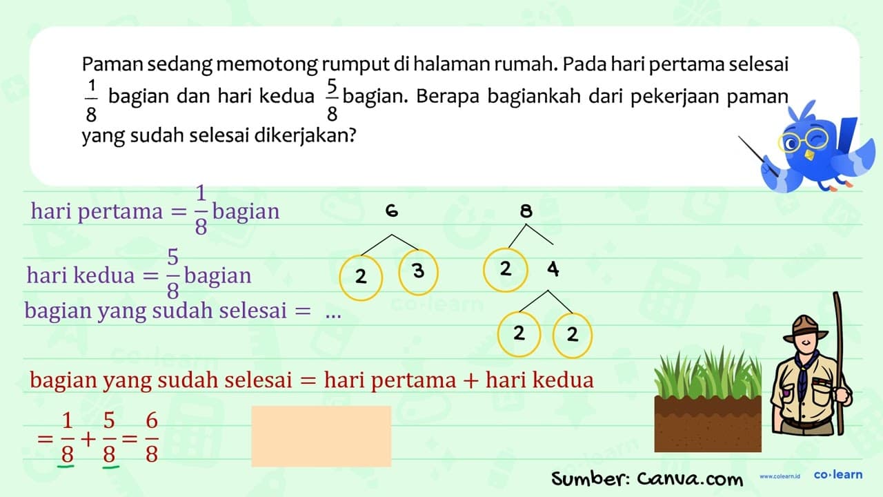 Paman sedang memotong rumput di halaman rumah. Pada hari