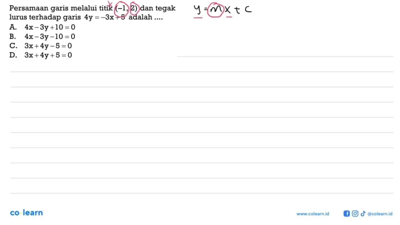 Persamaan garis melalui titik (-1, 2) dan tegak lurus