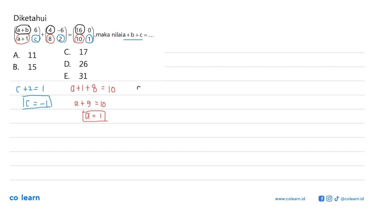 Diketahui (a+b 6 a+1 c)+(4 -6 8 2)=(16 0 10 1), maka nilaia