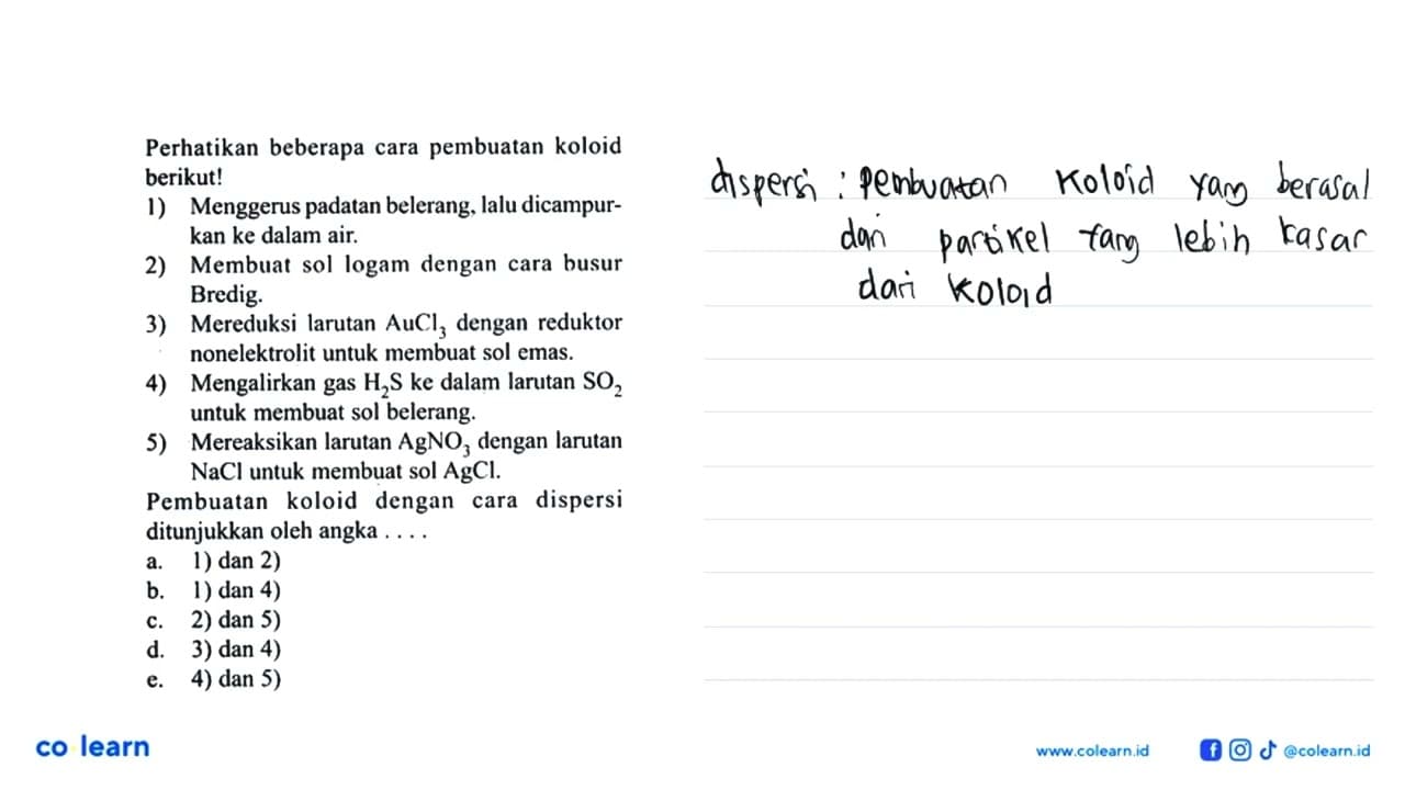 Perhatikan beberapa cara pembuatan koloid berikut! 1)