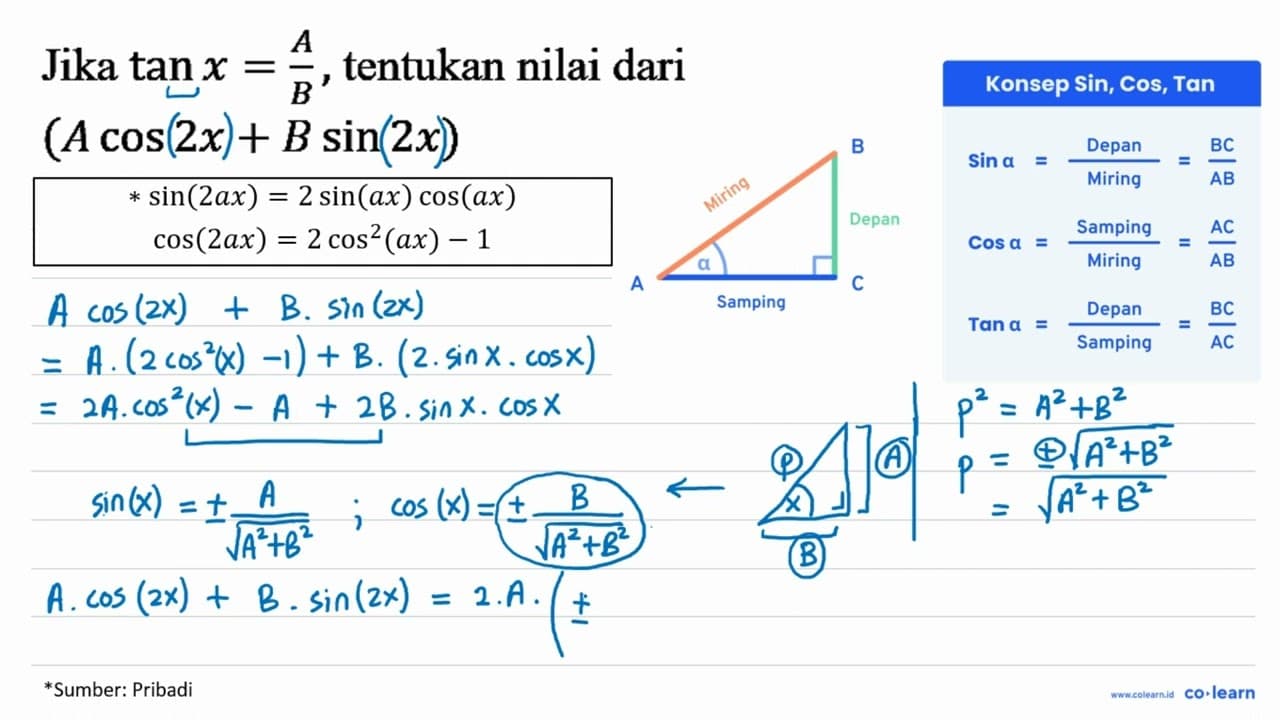 Jika tan x=A/B, tentukan nilai dari (A cos 2x + B sin 2x)