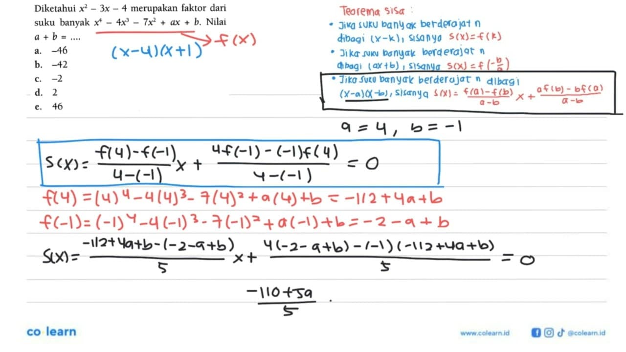 Diketahui x^2-3x-4 merupakan faktor dari suku banyak