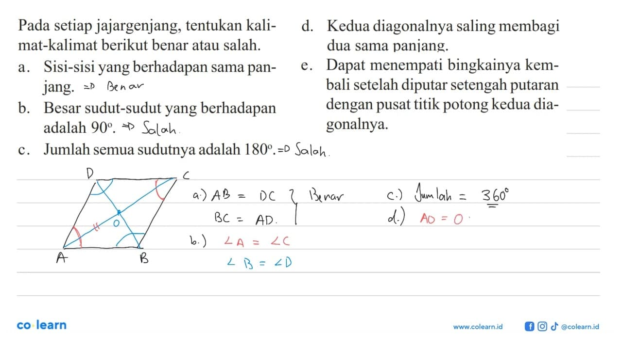 Pada setiap jajargenjang, tentukan kalimat-kalimat berikut