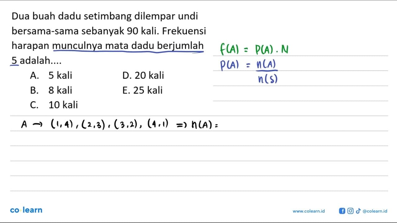 Dua buah dadu setimbang dilempar undi bersama-sama sebanyak