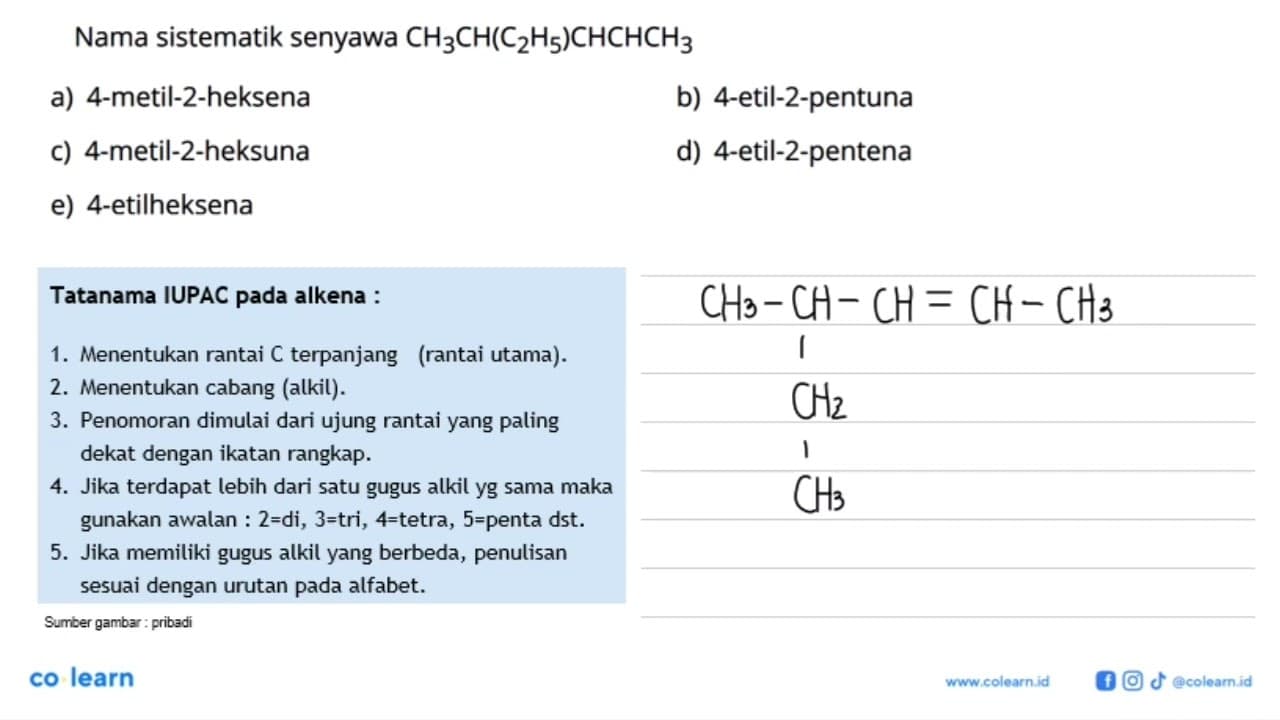 Nama sistematik senyawa CH3CH(C2H5)CHCHCH3 a)