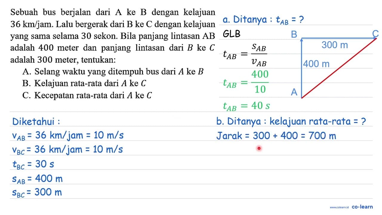 Sebuah bus berjalan dari A ke B dengan kelajuan 36 km/jam.