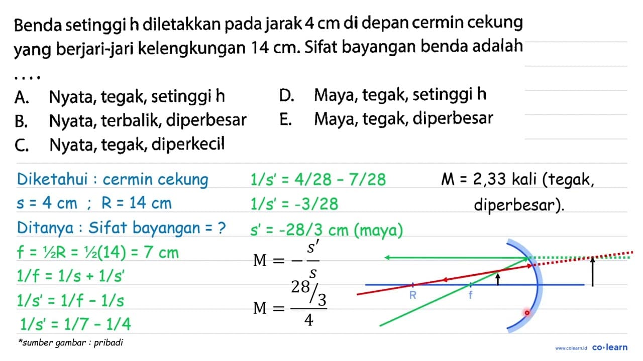 Benda setinggi h diletakkan pada jarak 4 cm di depan cermin