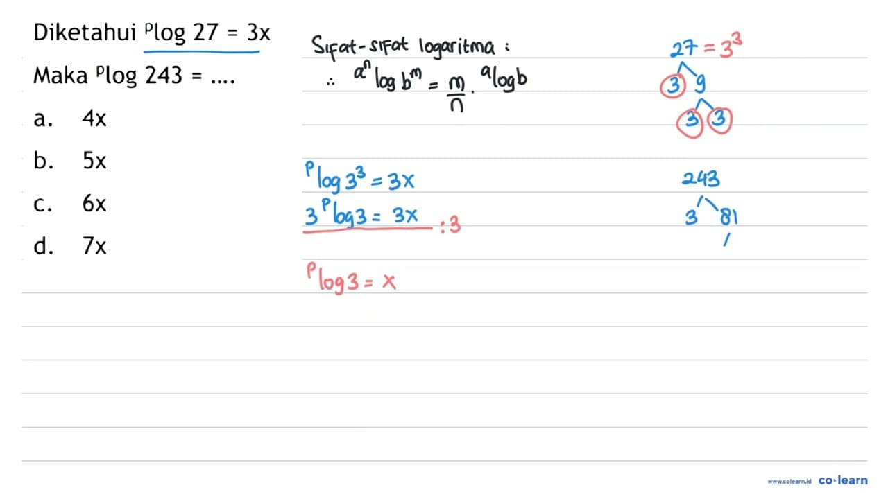 Diketahui { )^(P) log 27=3 x Maka { )^(p) log 243=... . a.