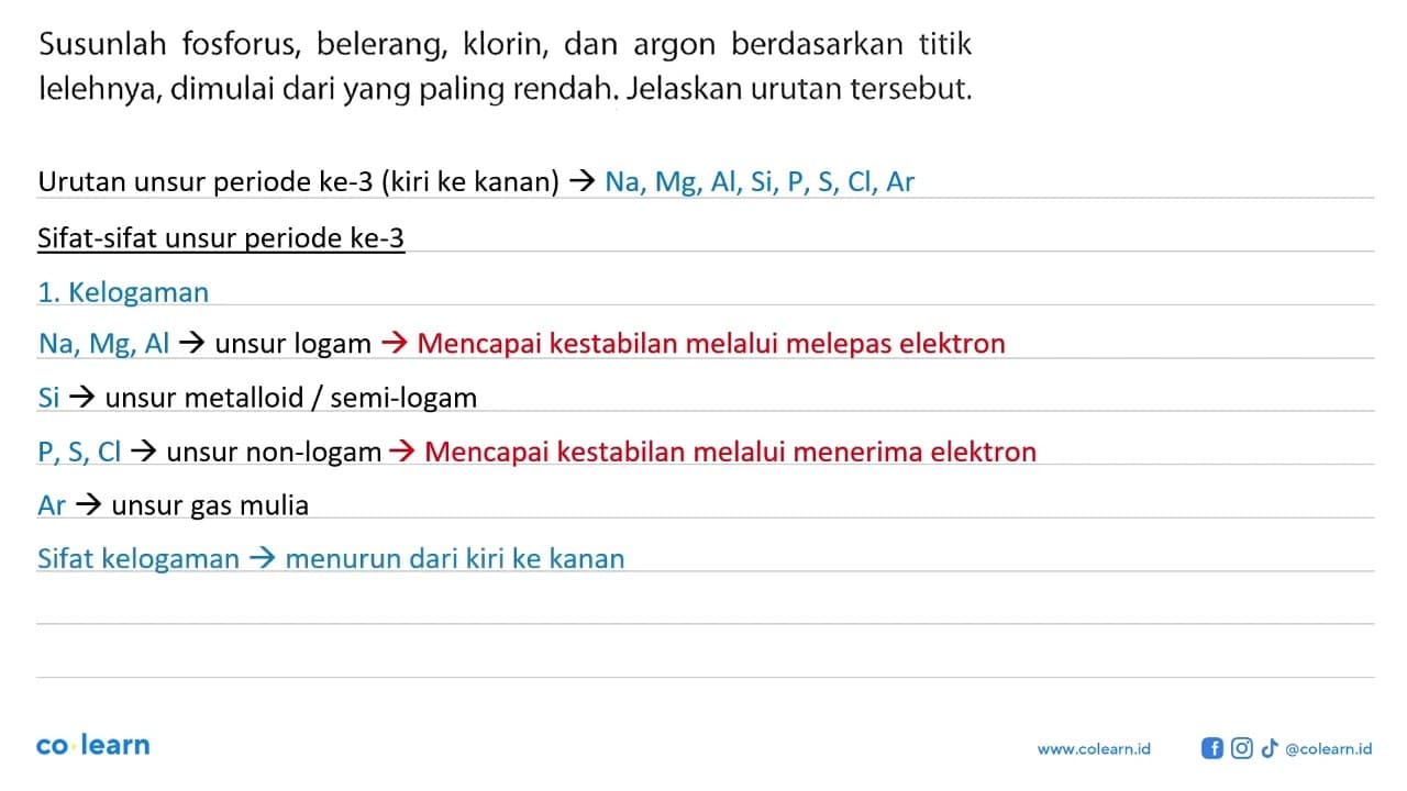 Susunlah fosforus, belerang, klorin, dan argon berdasarkan