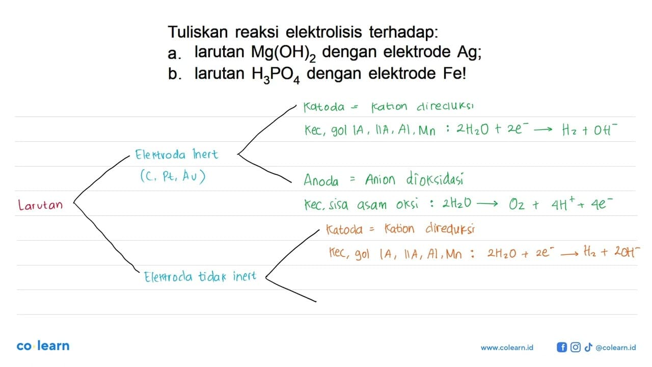 Tuliskan reaksi elektrolisis terhadap: a. larutan Mg(OH)2