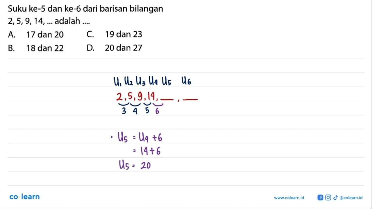 Suku ke-5 dan ke-6 dari barisan bilangan 2,5,9,14,...