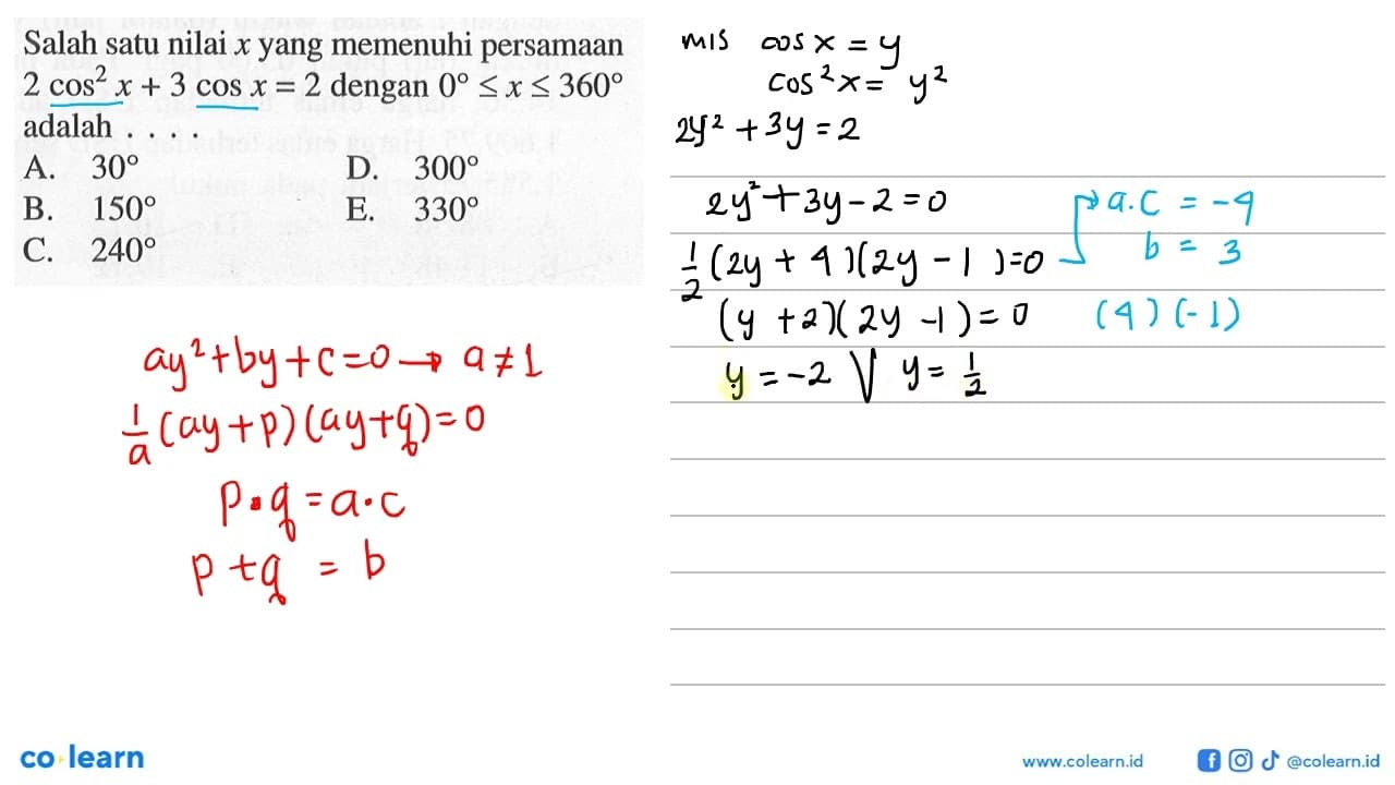 Salah satu nilai x yang memenuhi persamaan 2 cos^2 x+3 cos