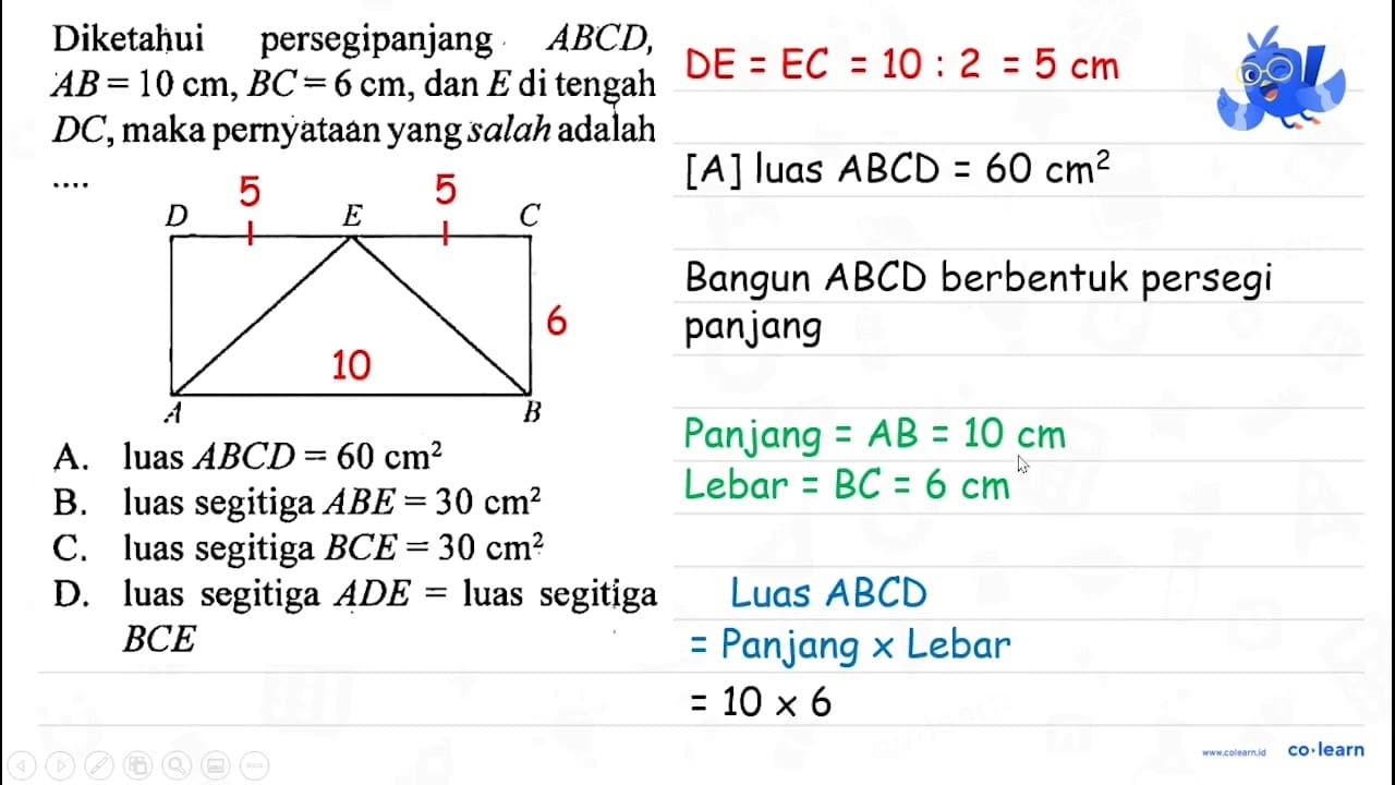 Diketahui persegipanjang A B C D , A B=10 cm, B C=6 cm ,