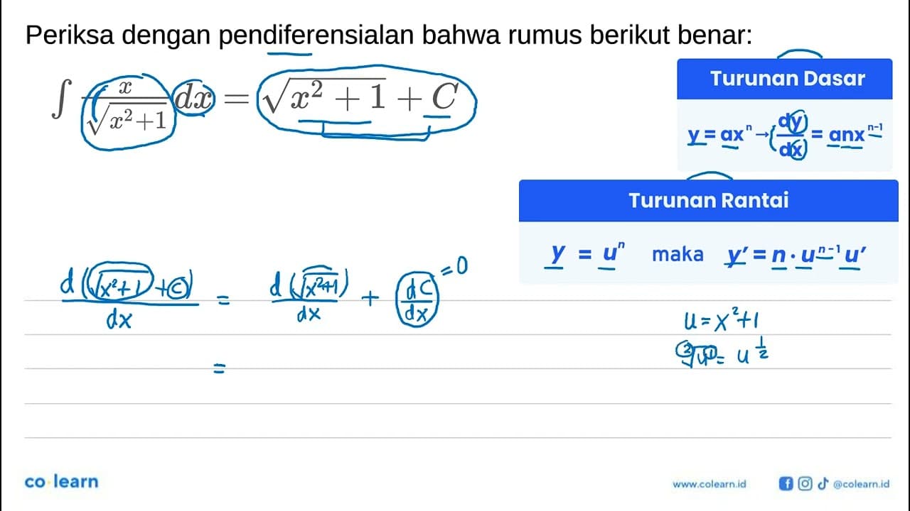 integral x/(akar(x^2 + 1)) dx = akar(x^2 + 1) + C