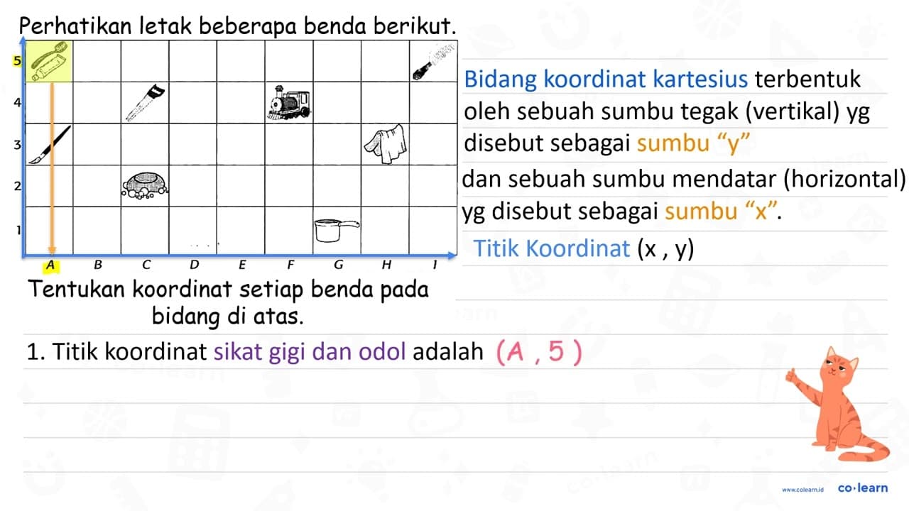 Perhatikan letak beberapa benda berikut. Tentukan koordinat