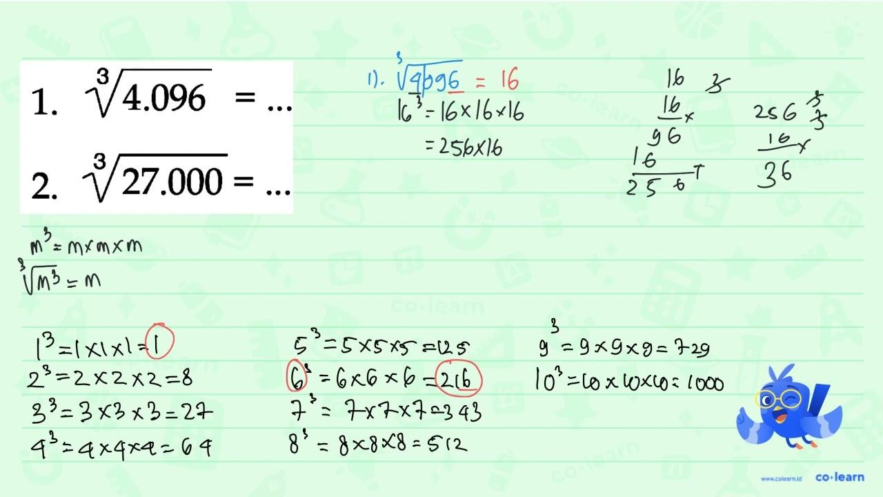 1. 4.096^(1/3) = ... 2. 27.000^(1/3) = ...