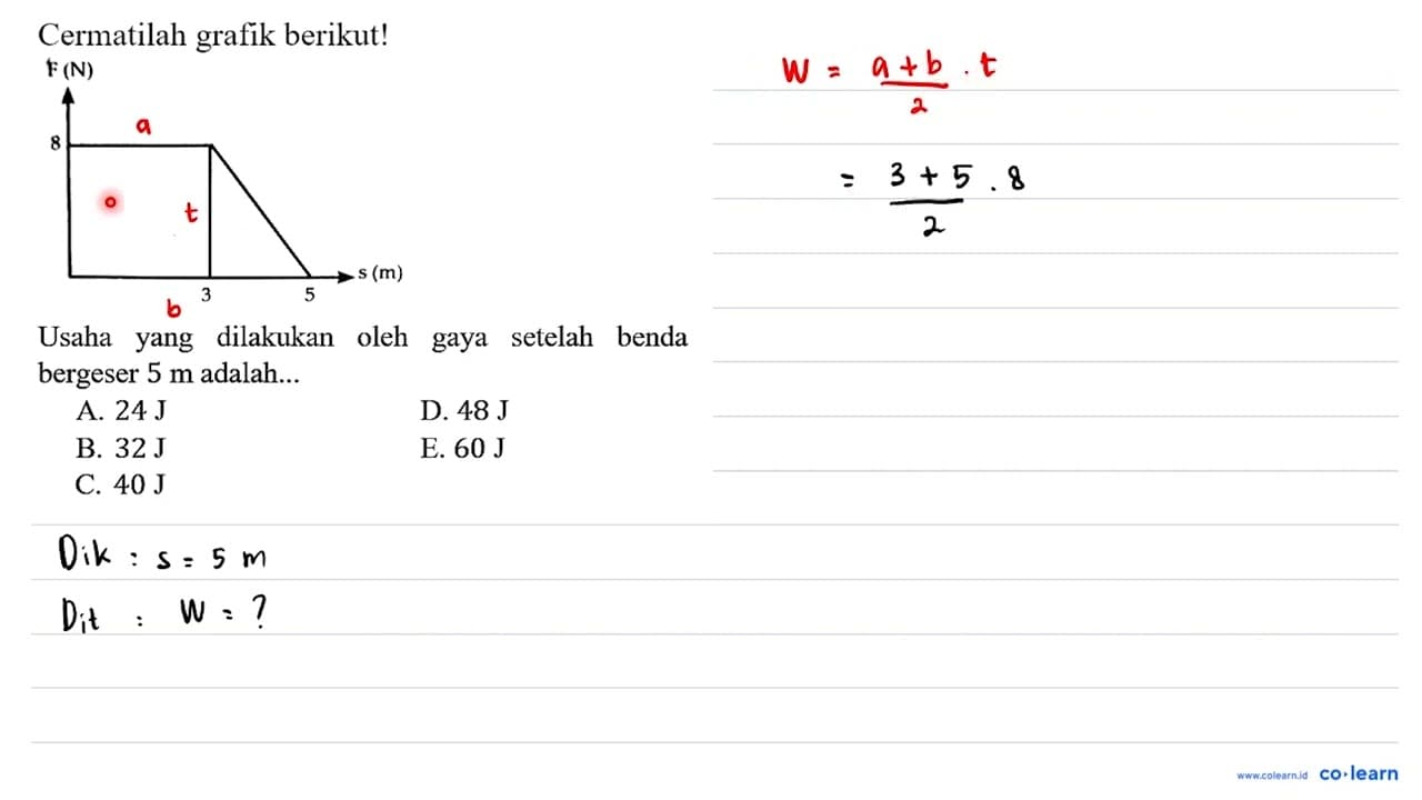 Cermatilah grafik berikut! F (N) 8 3 5 s (m) Usaha yang