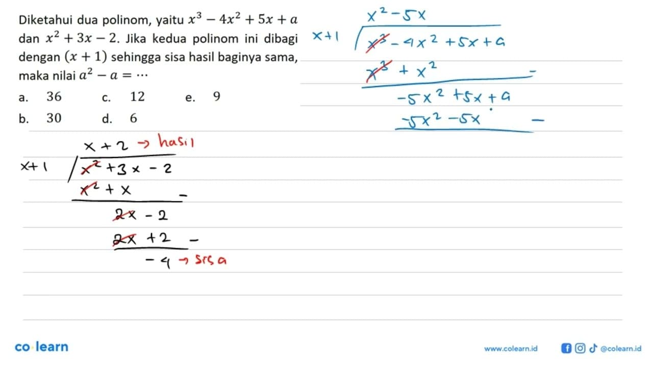 Diketahui dua polinom, yaitu x^3-4x^2+5x+a dan x^2+3x-2.