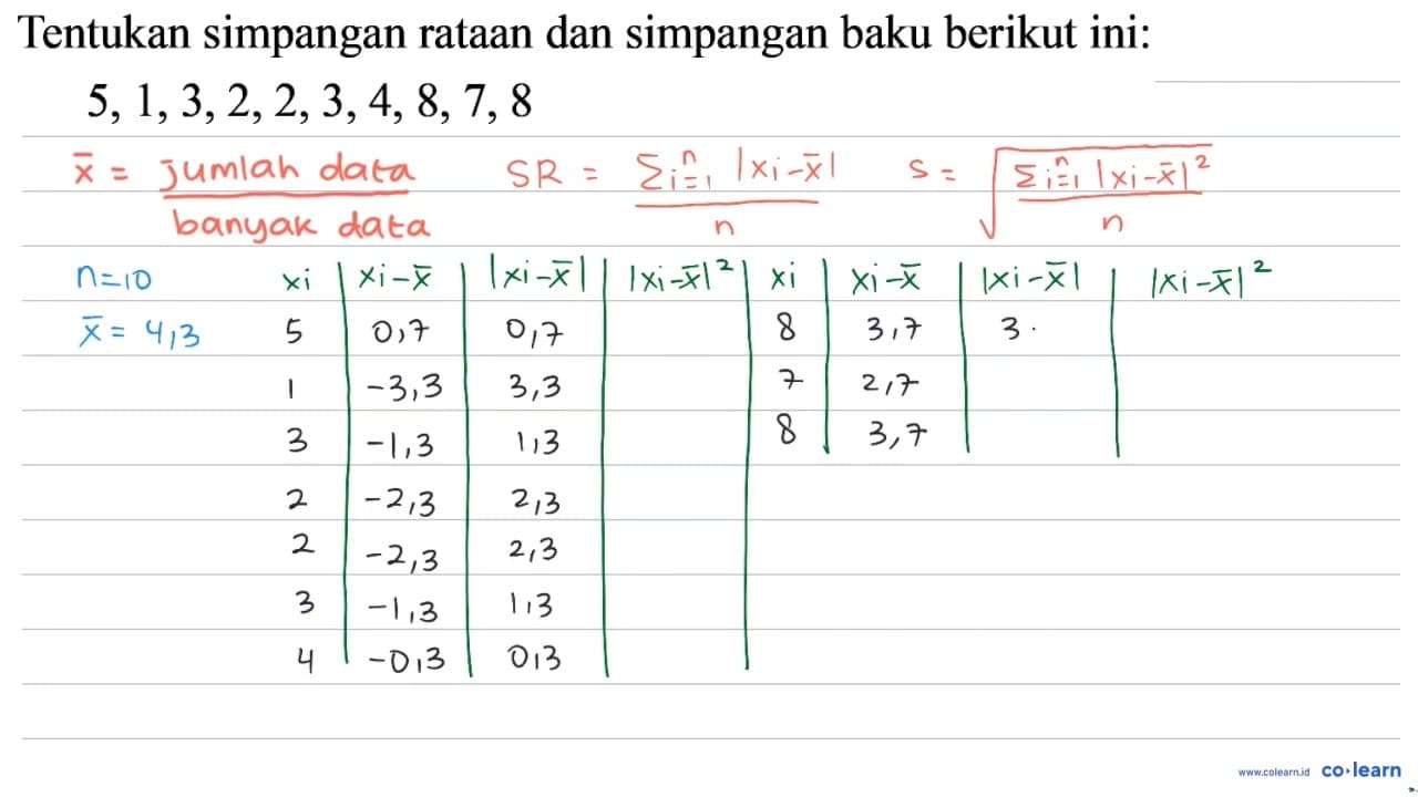 Tentukan simpangan rataan dan simpangan baku berikut ini: