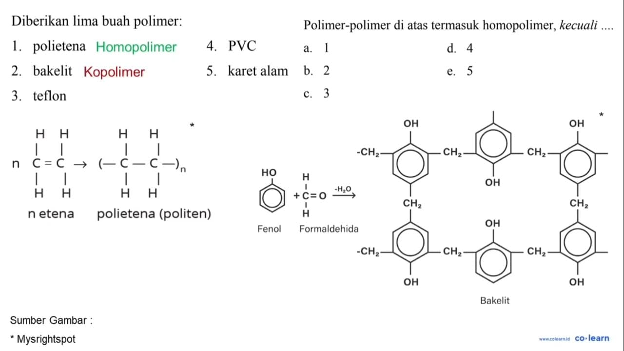 Diberikan lima buah polimer: 1. polietena 4. PVC 2. bakelit