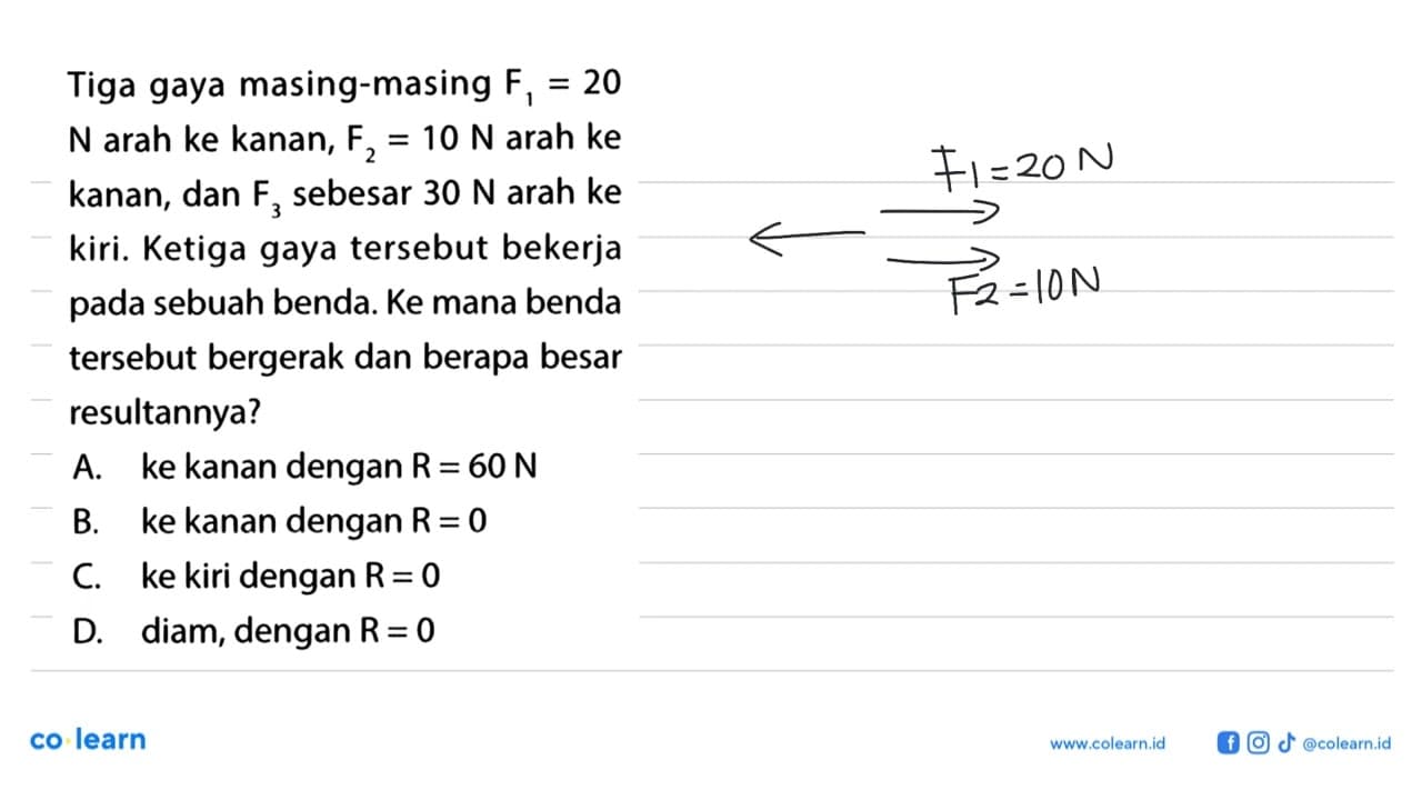 Tiga gaya masing-masing F1 = 20 = N arah ke kanan, F2 = 10