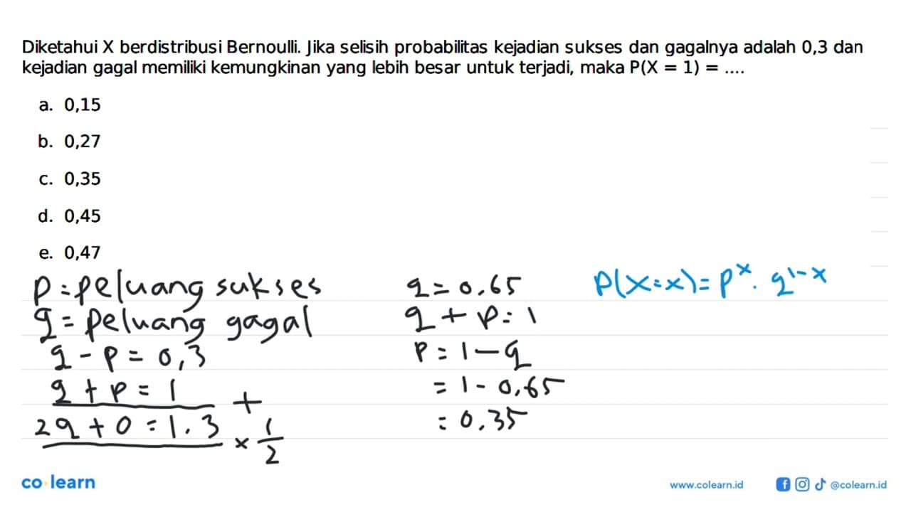 Diketahui X berdistribusi Bernoulli. Jika selisih