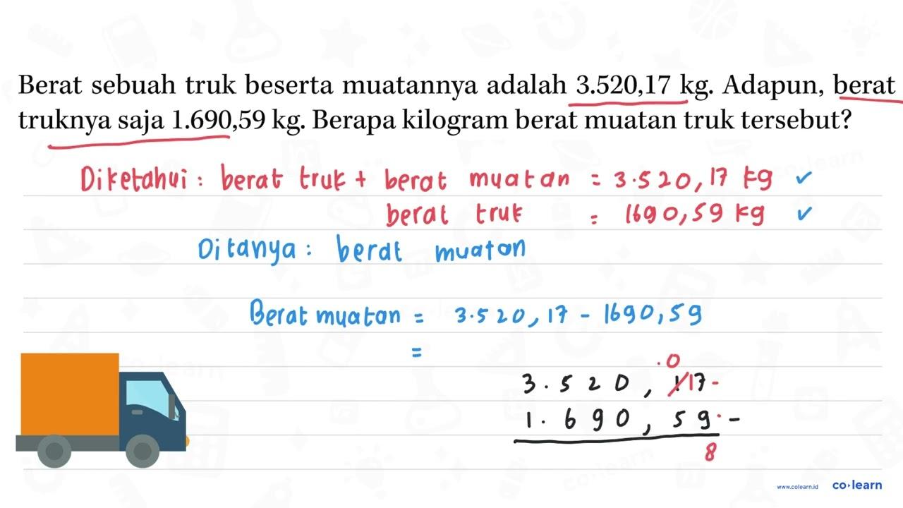 Berat sebuah truk beserta muatannya adalah 3.520,17 kg.