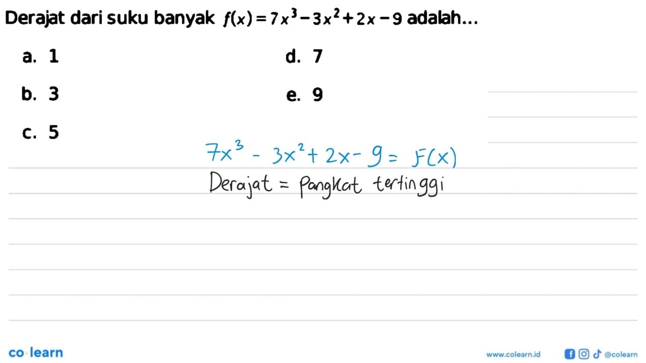 Derajat dari suku banyak f(x)=7x^3-3x^2+2x-9 adalah ...